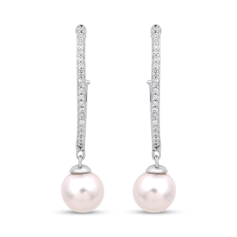 Main Image 2 of 6.0mm Freshwater Cultured Pearl and White Lab-Created Sapphire J-Hoop Drop Earrings in Sterling Silver