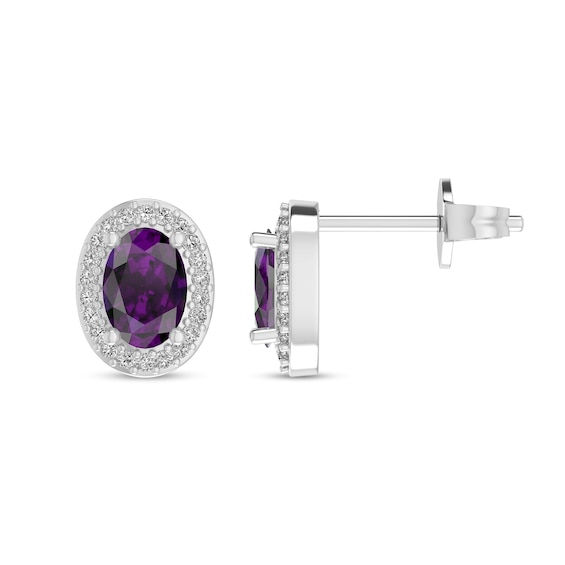 Oval Amethyst and 1/10 CT. T.w. Diamond Frame Stud Earrings in 10K White Gold