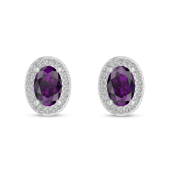 Oval Amethyst and 1/10 CT. T.w. Diamond Frame Stud Earrings in 10K White Gold