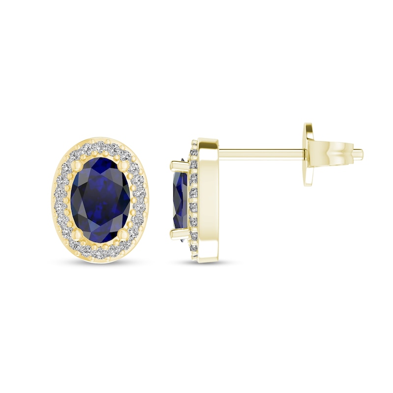 Main Image 1 of Oval Blue Sapphire and 1/10 CT. T.W. Diamond Frame Stud Earrings in 10K Gold