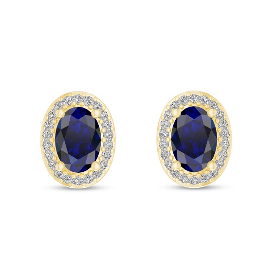 Oval Blue Sapphire and 1/10 CT. T.w. Diamond Frame Stud Earrings in 10K Gold