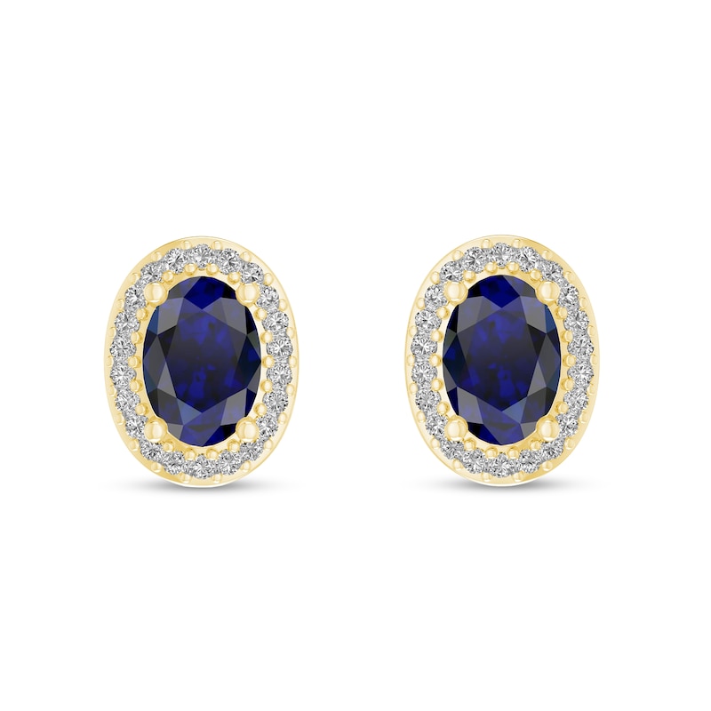 Main Image 2 of Oval Blue Sapphire and 1/10 CT. T.W. Diamond Frame Stud Earrings in 10K Gold