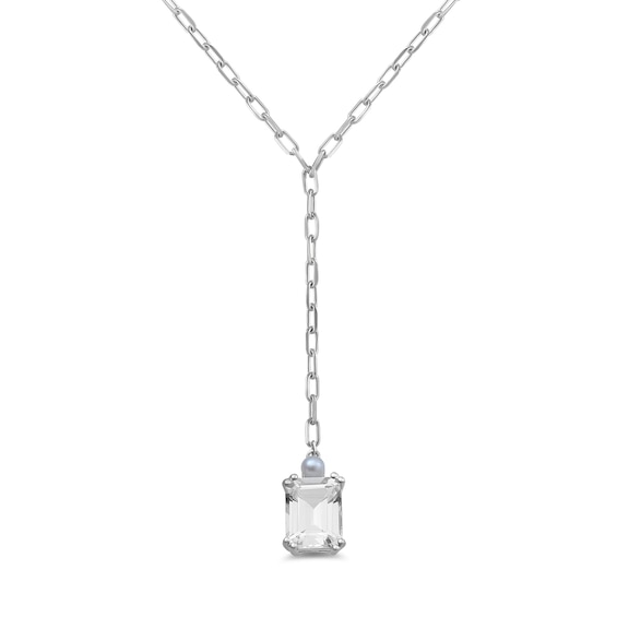 Emerald-Cut White Lab-Created Sapphire and Freshwater Cultured Pearl Lariat Necklace in Sterling Silver - 19"