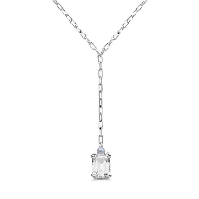 Main Image 1 of Emerald-Cut White Lab-Created Sapphire and Freshwater Cultured Pearl Lariat Necklace in Sterling Silver - 19"
