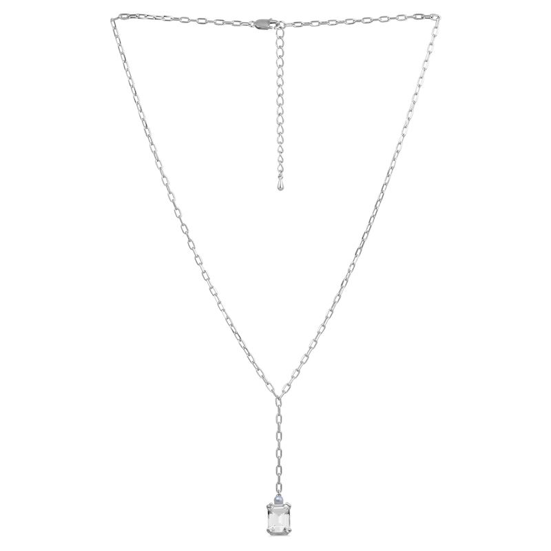 Main Image 2 of Emerald-Cut White Lab-Created Sapphire and Freshwater Cultured Pearl Lariat Necklace in Sterling Silver - 19"