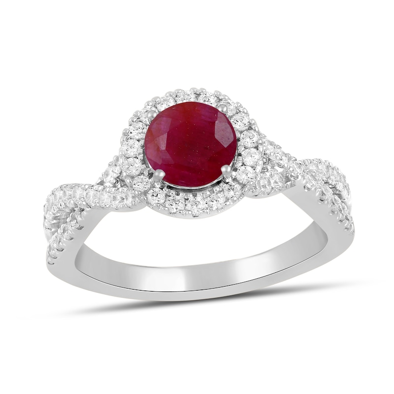 Main Image 1 of 6.0mm Certified Ruby and 1/2 CT. T.W. Lab-Grown Diamond Frame Crossover Shank Ring in 14K White Gold