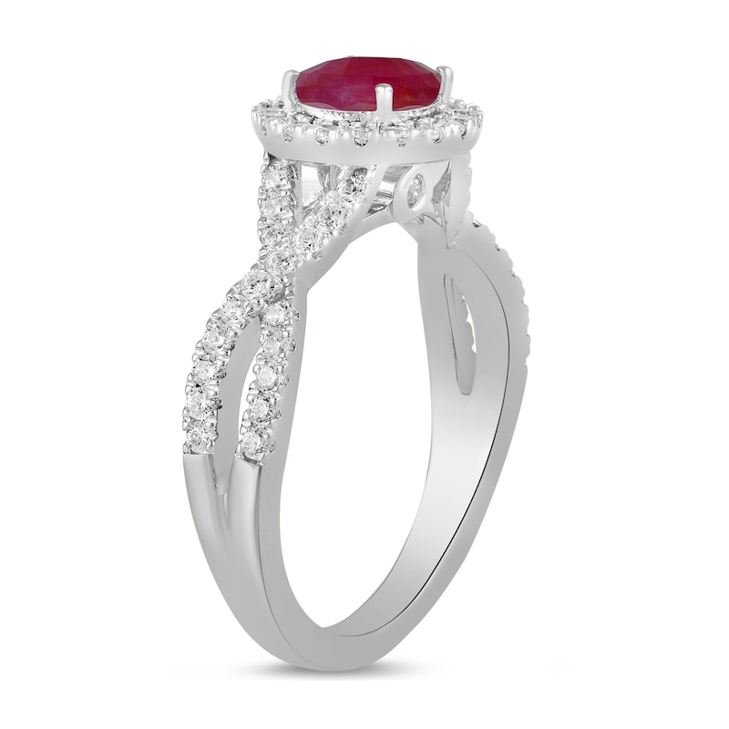 Main Image 2 of 6.0mm Certified Ruby and 1/2 CT. T.W. Lab-Grown Diamond Frame Crossover Shank Ring in 14K White Gold