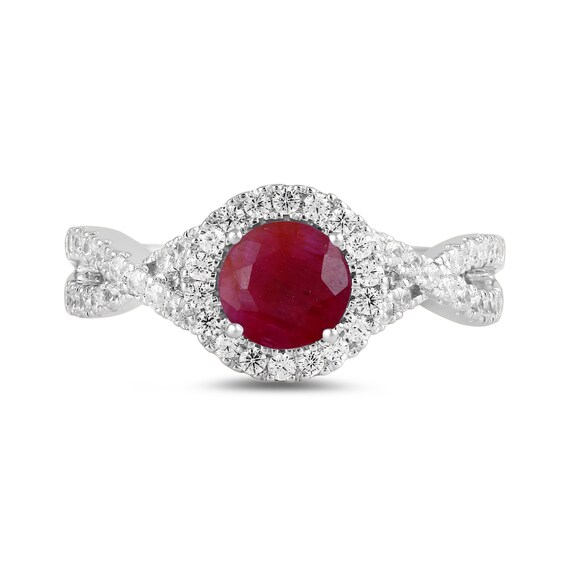 6.0mm Certified Ruby and 1/2 CT. T.w. Lab-Grown Diamond Frame Crossover Shank Ring in 14K White Gold
