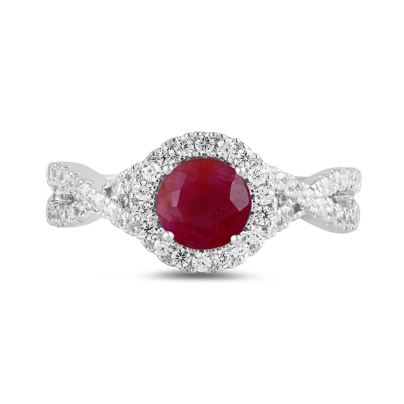 Main Image 3 of 6.0mm Certified Ruby and 1/2 CT. T.W. Lab-Grown Diamond Frame Crossover Shank Ring in 14K White Gold