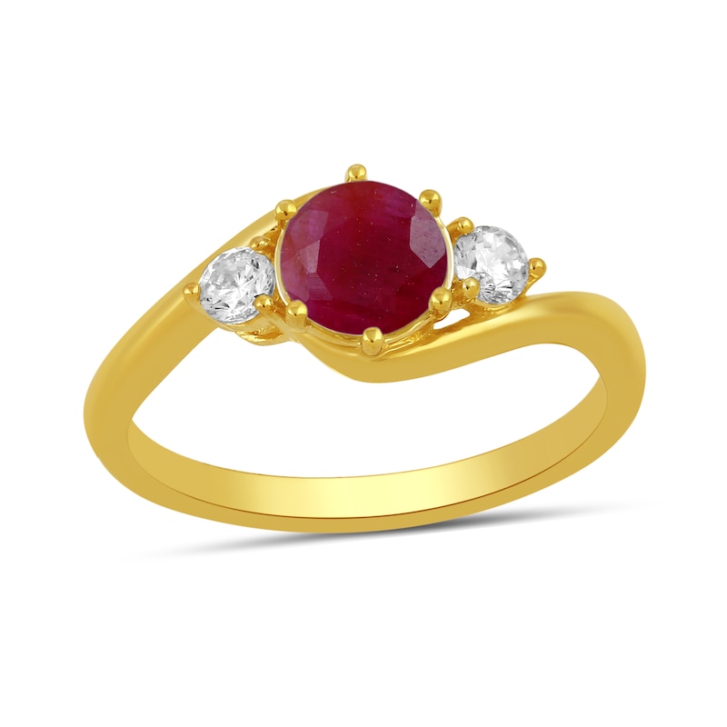 Main Image 1 of 6.0mm Certified Ruby and 1/5 CT. T.W. Lab-Grown Diamond Three Stone Bypass Ring in 14K Gold