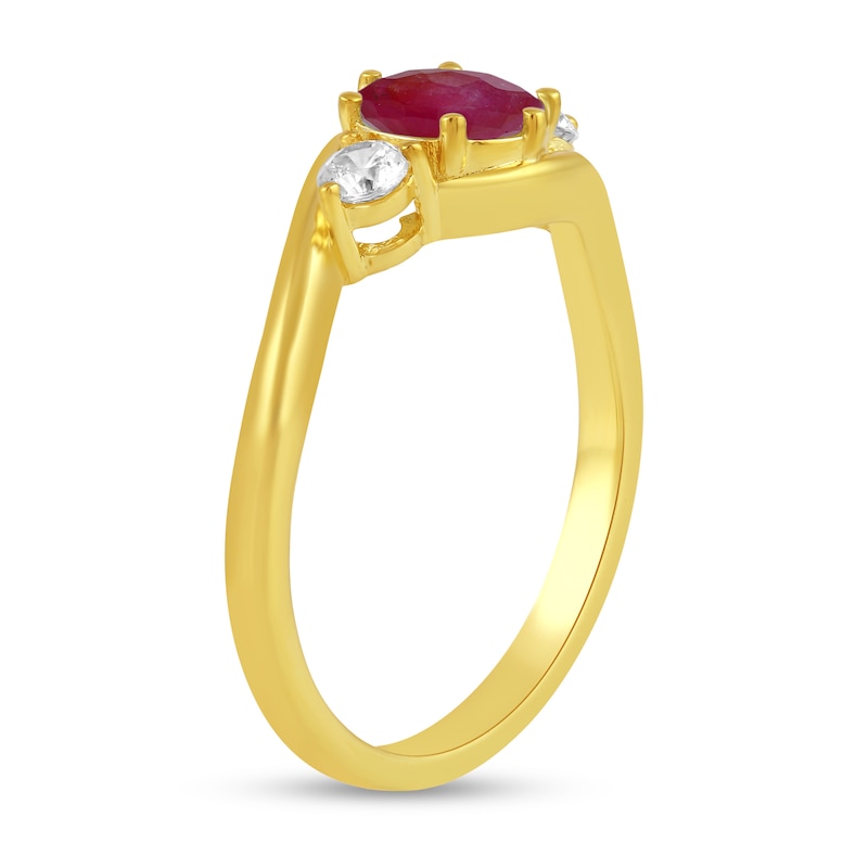 Main Image 2 of 6.0mm Certified Ruby and 1/5 CT. T.W. Lab-Grown Diamond Three Stone Bypass Ring in 14K Gold