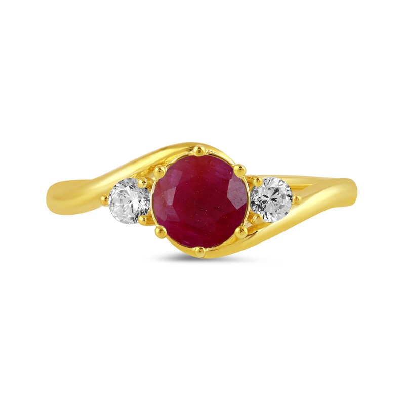 Main Image 3 of 6.0mm Certified Ruby and 1/5 CT. T.W. Lab-Grown Diamond Three Stone Bypass Ring in 14K Gold