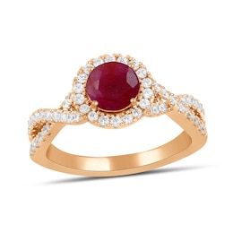 6.0mm Certified Ruby and 1/2 CT. T.W. Lab-Grown Diamond Frame Crossover Shank Ring in 14K Rose Gold