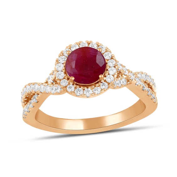 6.0mm Certified Ruby and 1/2 CT. T.w. Lab-Grown Diamond Frame Crossover Shank Ring in 14K Rose Gold