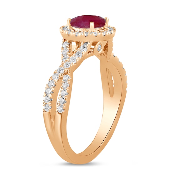 6.0mm Certified Ruby and 1/2 CT. T.w. Lab-Grown Diamond Frame Crossover Shank Ring in 14K Rose Gold