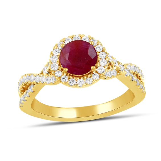 6.0mm Certified Ruby and 1/2 CT. T.w. Lab-Grown Diamond Frame Crossover Shank Ring in 14K Gold