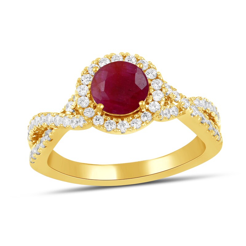 Main Image 1 of 6.0mm Certified Ruby and 1/2 CT. T.W. Lab-Grown Diamond Frame Crossover Shank Ring in 14K Gold