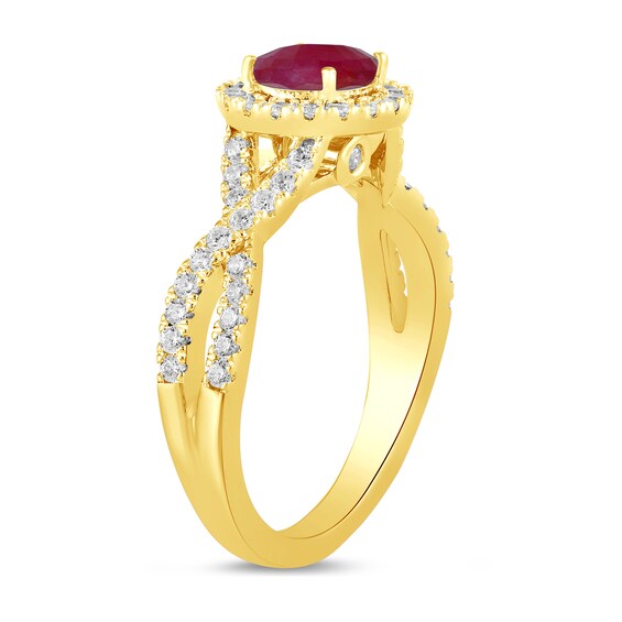 6.0mm Certified Ruby and 1/2 CT. T.w. Lab-Grown Diamond Frame Crossover Shank Ring in 14K Gold