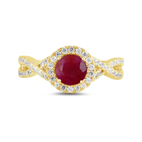 6.0mm Certified Ruby and 1/2 CT. T.w. Lab-Grown Diamond Frame Crossover Shank Ring in 14K Gold