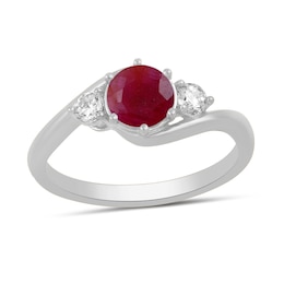 6.0mm Certified Ruby and 1/5 CT. T.W. Lab-Grown Diamond Three Stone Bypass Ring in 14K White Gold