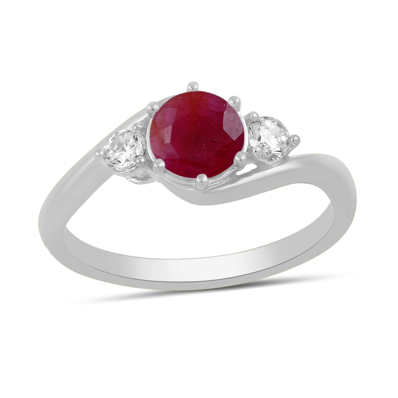 Main Image 1 of 6.0mm Certified Ruby and 1/5 CT. T.W. Lab-Grown Diamond Three Stone Bypass Ring in 14K White Gold