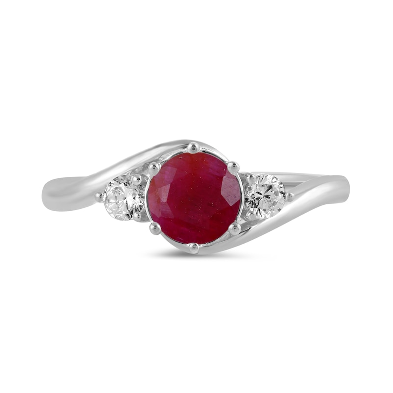 Main Image 3 of 6.0mm Certified Ruby and 1/5 CT. T.W. Lab-Grown Diamond Three Stone Bypass Ring in 14K White Gold
