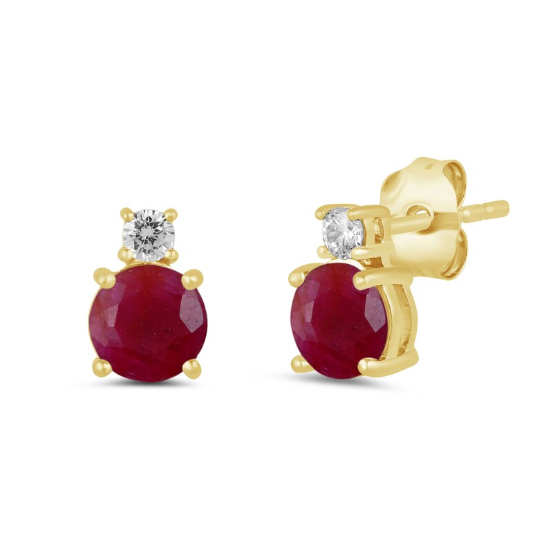 Main Image 1 of 6.0mm Certified Ruby and 1/6 CT. T.W. Lab-Created Diamond Stacked Stud Earrings in 14K Gold