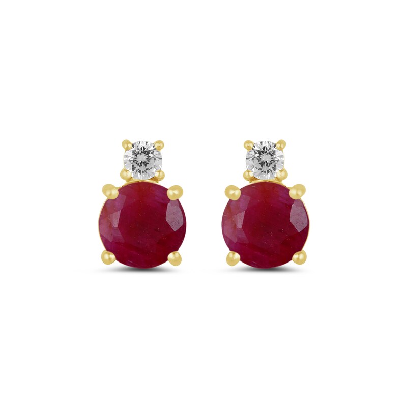 Main Image 2 of 6.0mm Certified Ruby and 1/6 CT. T.W. Lab-Created Diamond Stacked Stud Earrings in 14K Gold