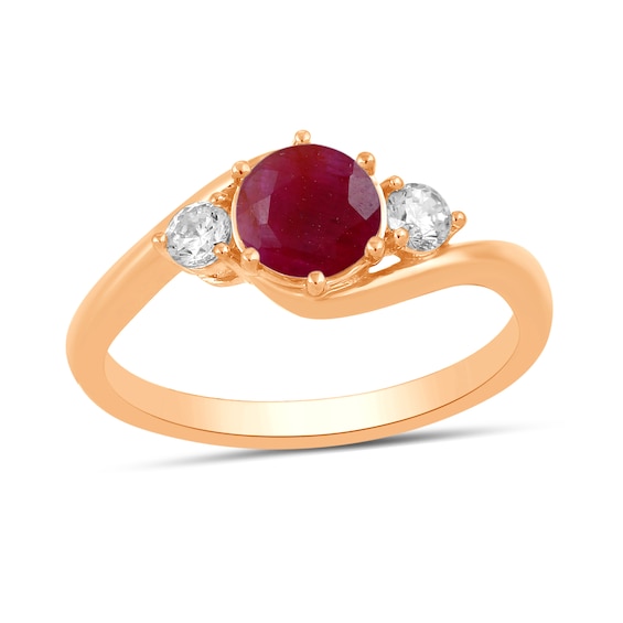 6.0mm Certified Ruby and 1/5 CT. T.w. Lab-Grown Diamond Three Stone Bypass Ring in 14K Rose Gold
