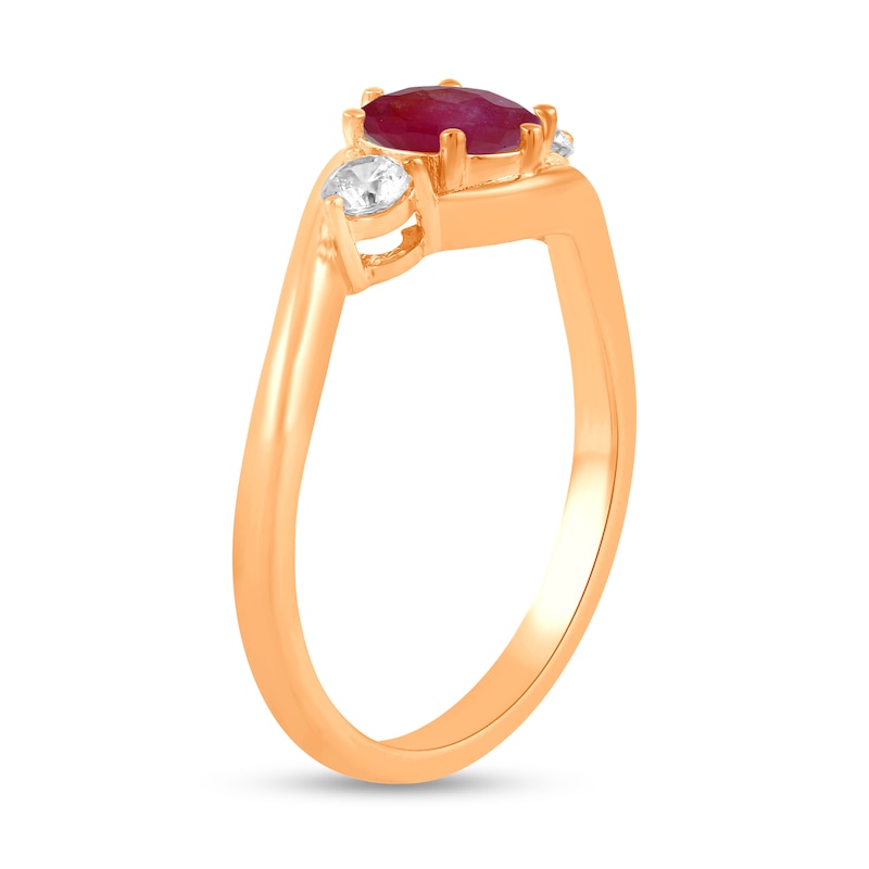 Main Image 2 of 6.0mm Certified Ruby and 1/5 CT. T.W. Lab-Grown Diamond Three Stone Bypass Ring in 14K Rose Gold