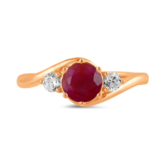 6.0mm Certified Ruby and 1/5 CT. T.w. Lab-Grown Diamond Three Stone Bypass Ring in 14K Rose Gold