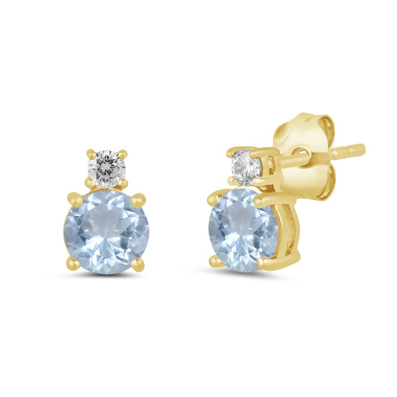 Main Image 1 of 6.0mm Aquamarine and 1/6 CT. T.W. Lab-Grown Diamond Stacked Stud Earrings in 14K Gold