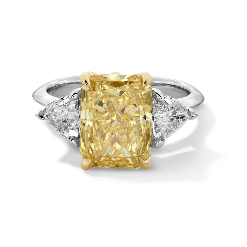 Main Image 1 of 5-1/3 CT. T.W. Radiant Certified Yellow and White Lab-Grown Diamond Three Stone Engagement Ring in 14K Two-Tone Gold