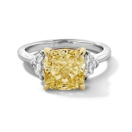 4-1/2 CT. T.W. Cushion Certified Yellow and White Lab-Grown Diamond Three Stone Engagement Ring in 14K Two-Tone Gold