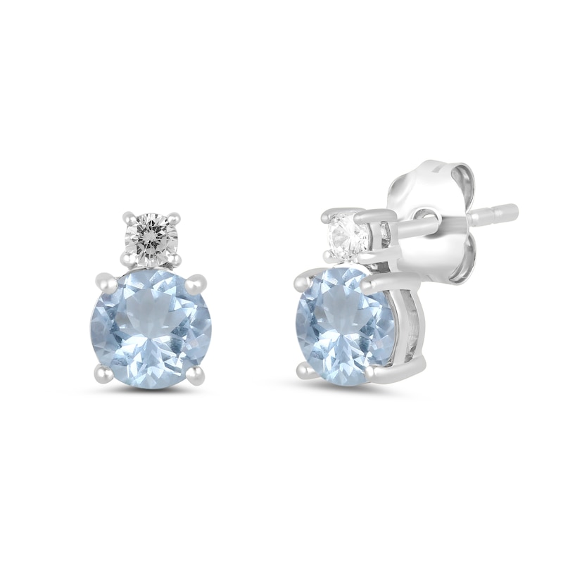 Main Image 1 of 6.0mm Aquamarine and 1/6 CT. T.W. Lab-Grown Diamond Stacked Stud Earrings in 14K White Gold