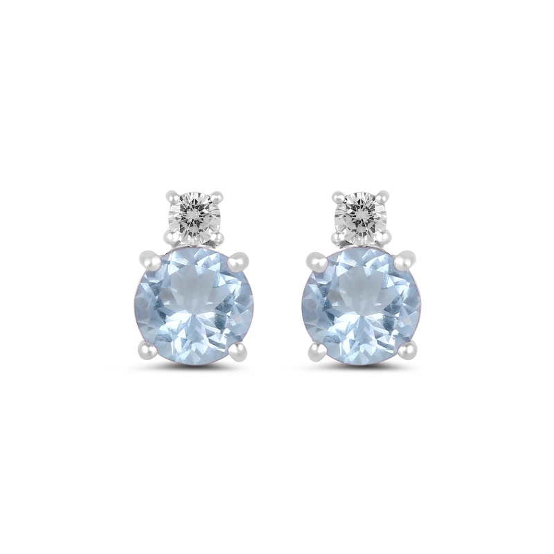 Main Image 2 of 6.0mm Aquamarine and 1/6 CT. T.W. Lab-Grown Diamond Stacked Stud Earrings in 14K White Gold