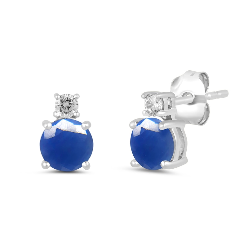Main Image 1 of 6.0mm Blue Sapphire and 1/6 CT. T.W. Lab-Grown Diamond Stacked Stud Earrings in 14K White Gold
