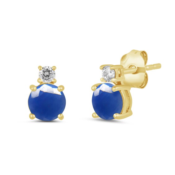 6.0mm Blue Sapphire and 1/6 CT. T.w. Lab-Grown Diamond Stacked Stud Earrings in 14K Gold
