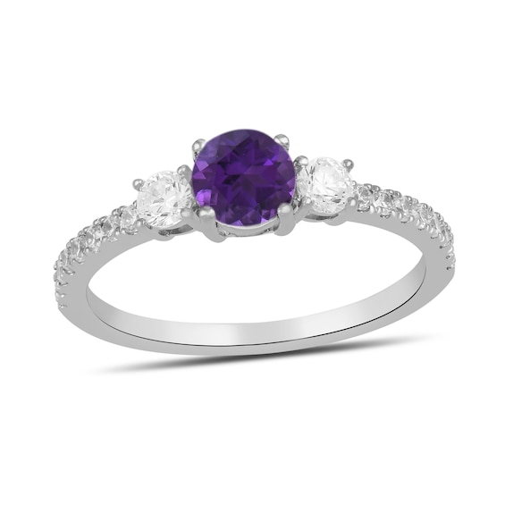 5.0mm Amethyst and 3/8 CT. T.w. Lab-Grown Diamond Three Stone Ring in 14K White Gold