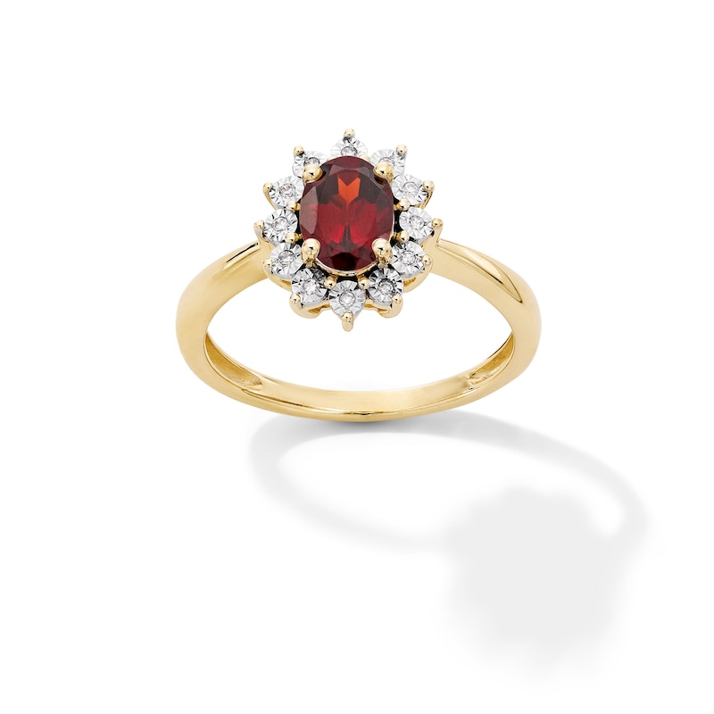 Main Image 1 of Oval Garnet and Diamond Accent Sunburst Frame Ring in 10K Gold