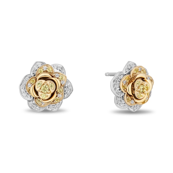 Enchanted Disney Belle Yellow Sapphire and 1/4 CT. T.w. Diamond Rose Stud Earrings in Sterling Silver and 10K Gold