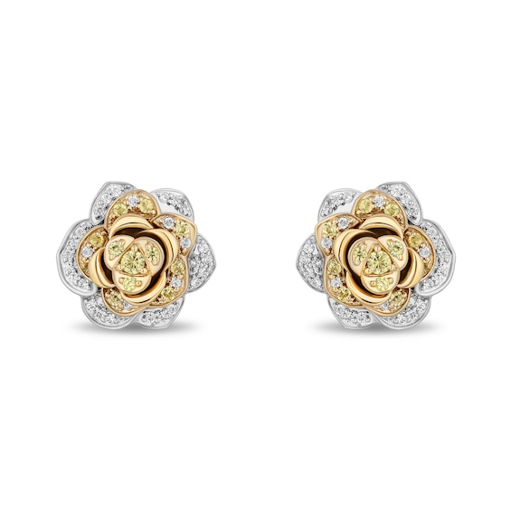 Enchanted Disney Belle Yellow Sapphire and 1/4 CT. T.w. Diamond Rose Stud Earrings in Sterling Silver and 10K Gold