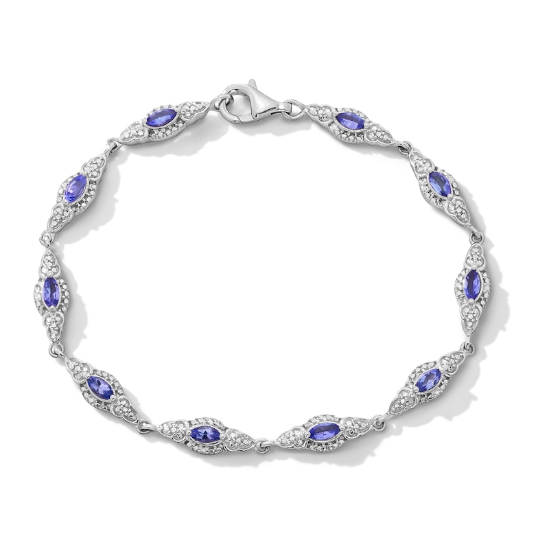 Main Image 1 of Marquise-Cut Tanzanite and Diamond Accent Link Bracelet in Sterling Silver - 7.25”