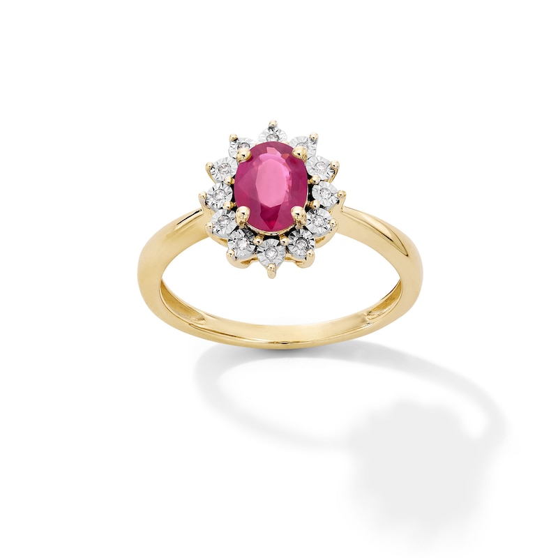 Main Image 1 of Oval Certified Ruby and Diamond Accent Sunburst Frame Ring in 10K Gold
