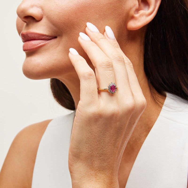 Main Image 2 of Oval Certified Ruby and Diamond Accent Sunburst Frame Ring in 10K Gold