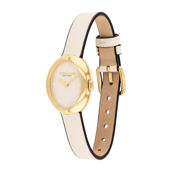 Ladiesâ Coach Sammy Gold-Tone IP White Leather Strap Watch with Oval Chalk White Dial (Model: 14504422)