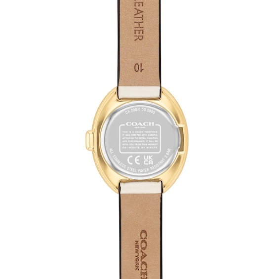 Ladiesâ Coach Sammy Gold-Tone IP White Leather Strap Watch with Oval Chalk White Dial (Model: 14504422)