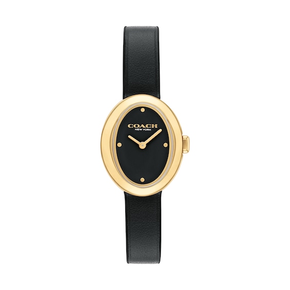 Ladiesâ Coach Sammy Gold-Tone IP Black Leather Strap Watch with Black Oval Dial (Model: 14504421)