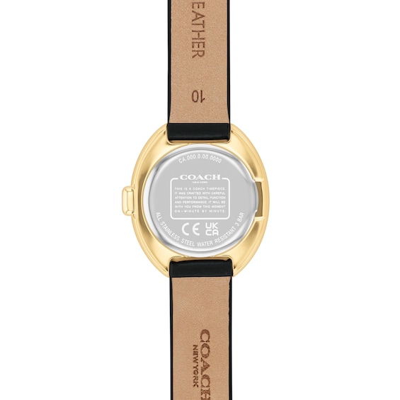 Ladiesâ Coach Sammy Gold-Tone IP Black Leather Strap Watch with Black Oval Dial (Model: 14504421)