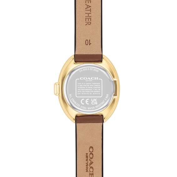 Ladiesâ Coach Sammy Gold-Tone IP Brown Leather Strap Watch with Oval Brown Dial (Model: 14504426)